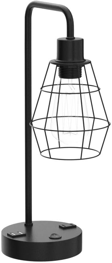 Set of 2 Industrial Cage Table Lamps with USB & AC Outlet, USB Edison Bedside Lamps
