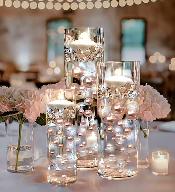 Vase Pearlfection 200 Floating White Pearls with Sparkling Gems- Large Sizes- 12 White Submersible LED Fairy Lights Strings with Hidable & Submersible Batteries- Fills 4 Gallons for Your Vases