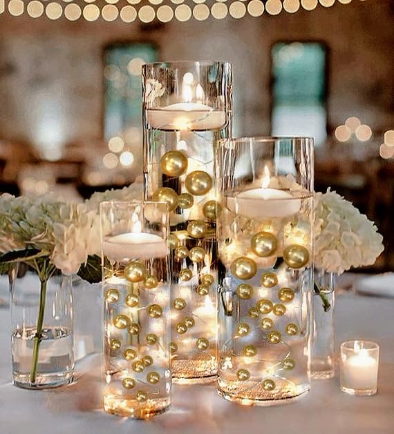 Vase Pearlfection 200 Floating White Pearls with Sparkling Gems- Large Sizes- 12 White Submersible LED Fairy Lights Strings with Hidable & Submersible Batteries- Fills 4 Gallons for Your Vases