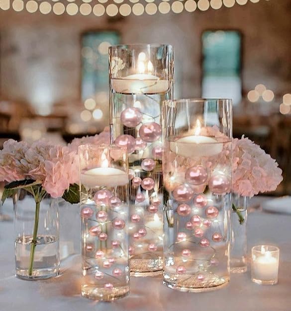 Vase Pearlfection 200 Floating White Pearls with Sparkling Gems- Large Sizes- 12 White Submersible LED Fairy Lights Strings with Hidable & Submersible Batteries- Fills 4 Gallons for Your Vases