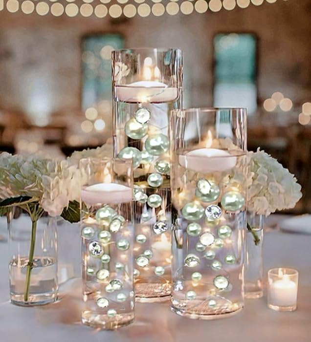Vase Pearlfection 200 Floating White Pearls with Sparkling Gems- Large Sizes- 12 White Submersible LED Fairy Lights Strings with Hidable & Submersible Batteries- Fills 4 Gallons for Your Vases