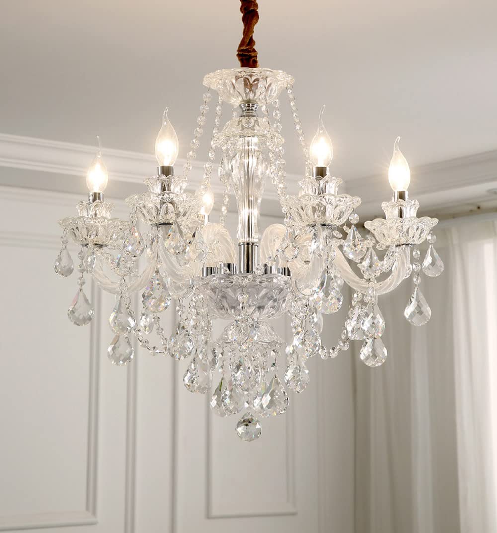 Crystal Chandelier 6 Lights Clear K9 Crystal Luxury Interior Decoration Ceiling Light E12 Bulbs Crystal Pendant Lighting Fixture for Dining Room, Living Room, Bedroom (6 Lights)