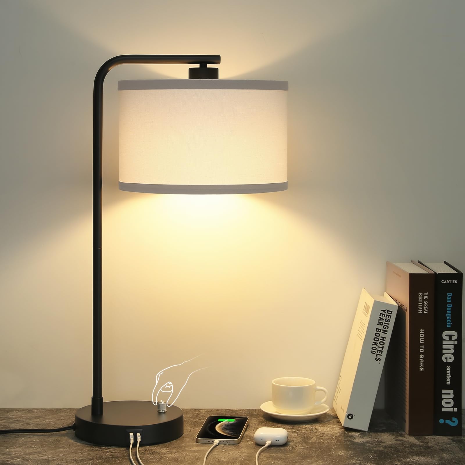 Seaside village Bedside Table Lamp with USB C+A Charging Ports, Fully Dimmable Industrial Tall Nightstand Reading Desk Lamp for Bedroom, Living Room, Office, 9W LED Bulb Included