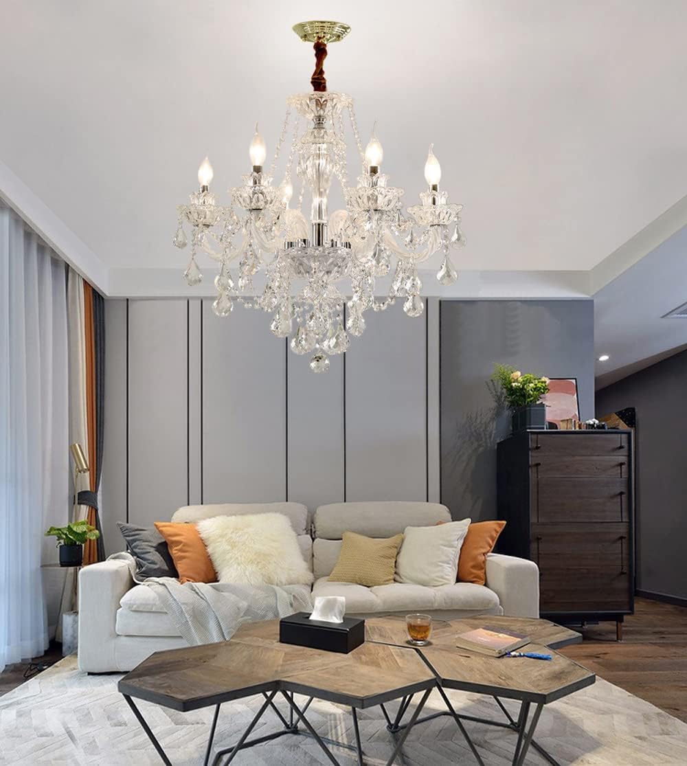 Crystal Chandelier 6 Lights Clear K9 Crystal Luxury Interior Decoration Ceiling Light E12 Bulbs Crystal Pendant Lighting Fixture for Dining Room, Living Room, Bedroom (6 Lights)