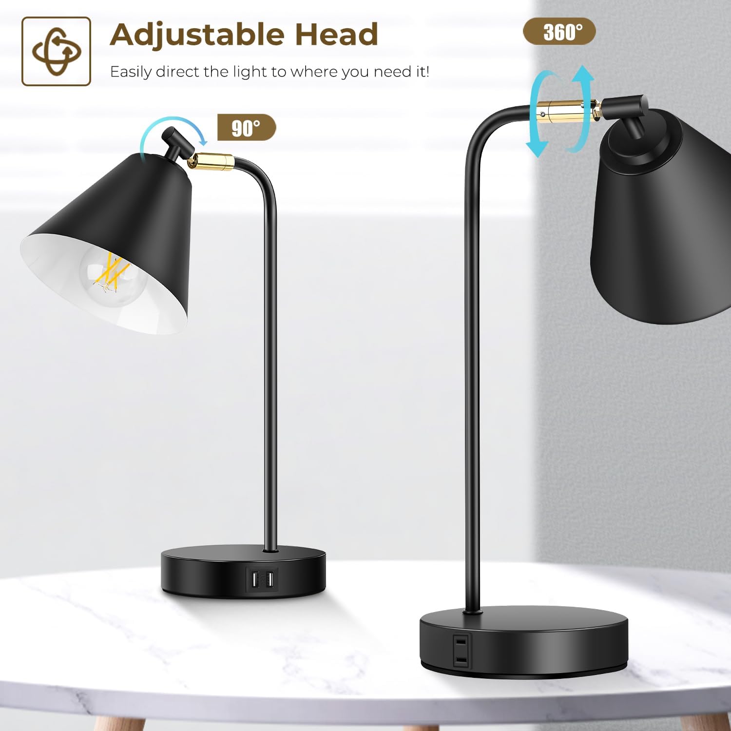 Touch Control Black Metal Table Lamp, Dimmable Flexible Desk Lamp with Charging Ports