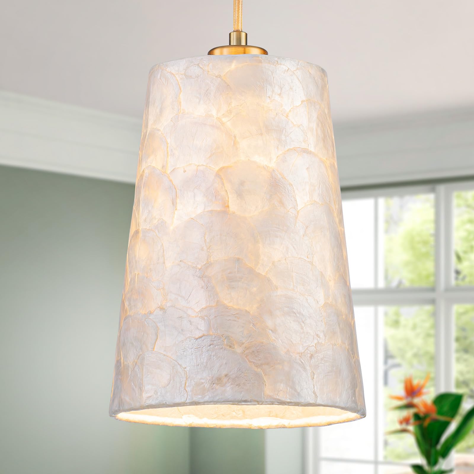 LumFurn X-Large 6-Light Drum Capiz Shell Crystal Chandeliers, Coastal Style Pendant Light Fixture for Dining Room, Living Room, D24 x H23~71 inch(Adjustable), Shell Lampshade & Chrome Finish