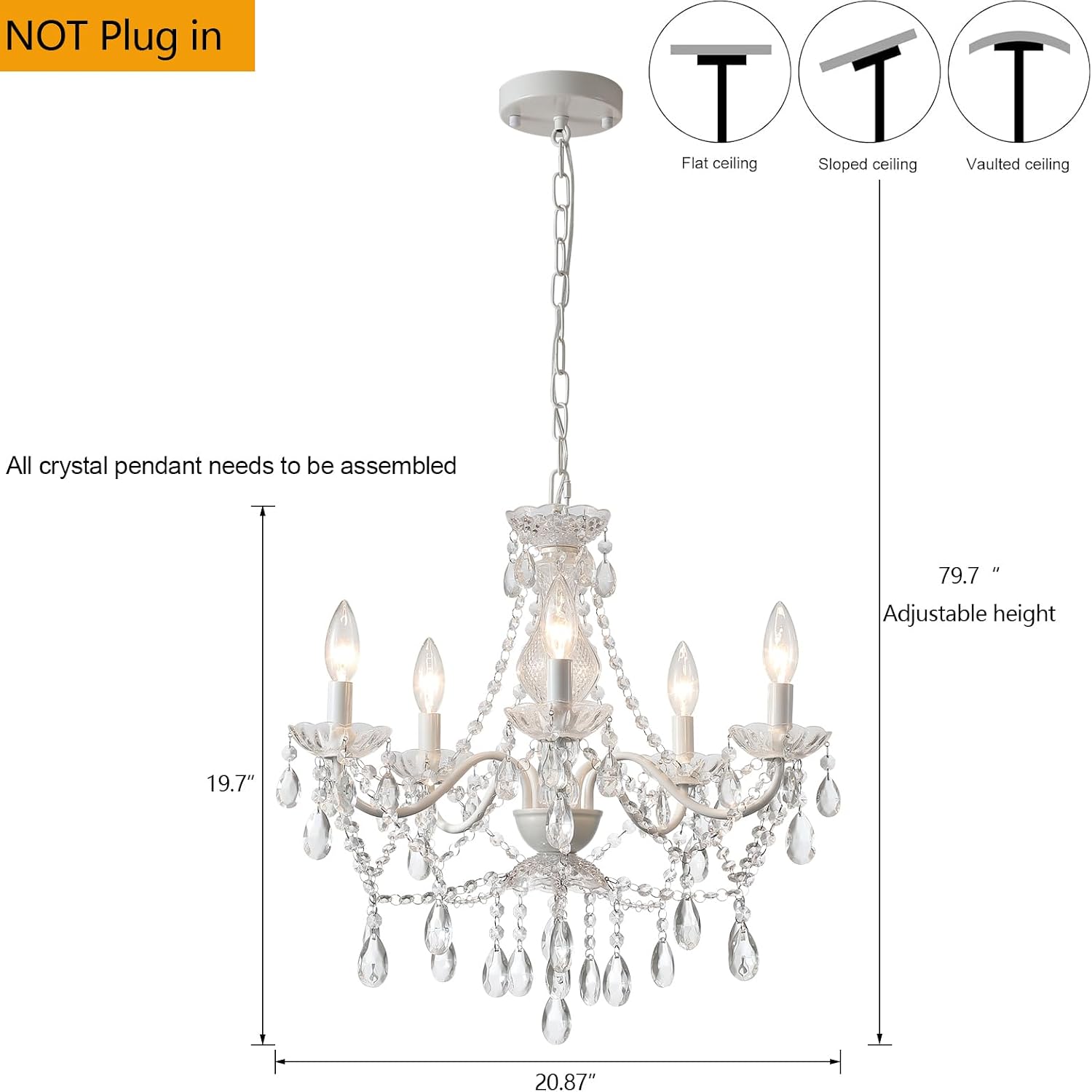 5 Light White Crystal Pendant Lamp, Ceramic Hanging Chandelier for Kitchen Wedding Decor