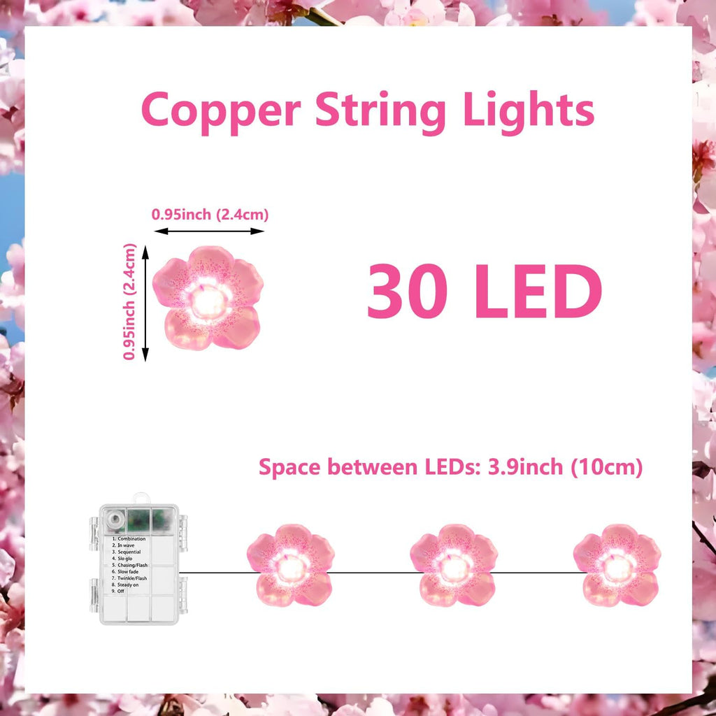 Cherry Blossom Decor Flower String Lights Vines with Fairy Lights Christmas, 30 LED Copper with Remote Control Battery Operated Pink Flower Garland Leaf for Locker, Wall,Christmas Decorations-4 Pack