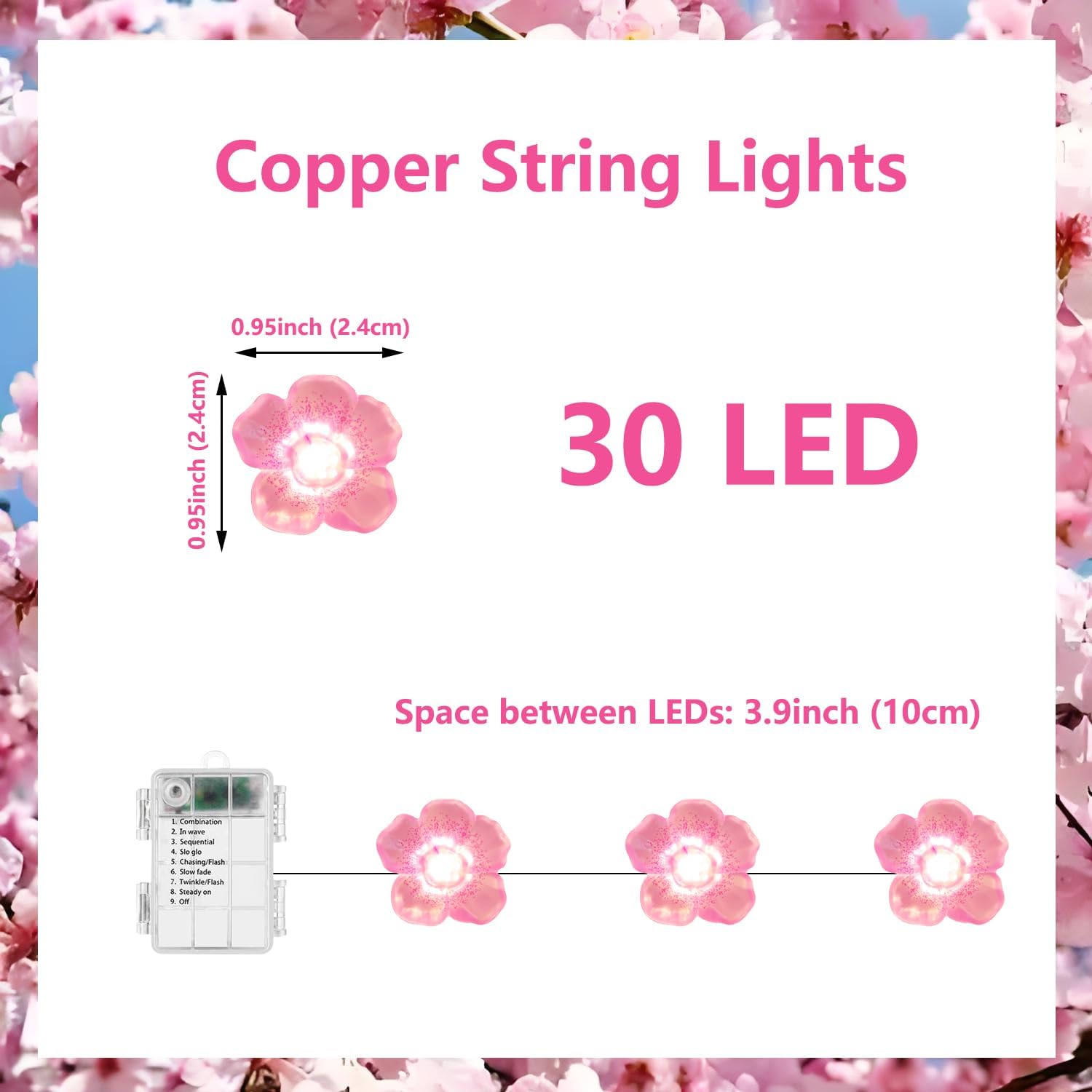 Cherry Blossom Decor Flower String Lights Vines with Fairy Lights Christmas, 30 LED Copper with Remote Control Battery Operated Pink Flower Garland Leaf for Locker, Wall,Christmas Decorations-4 Pack