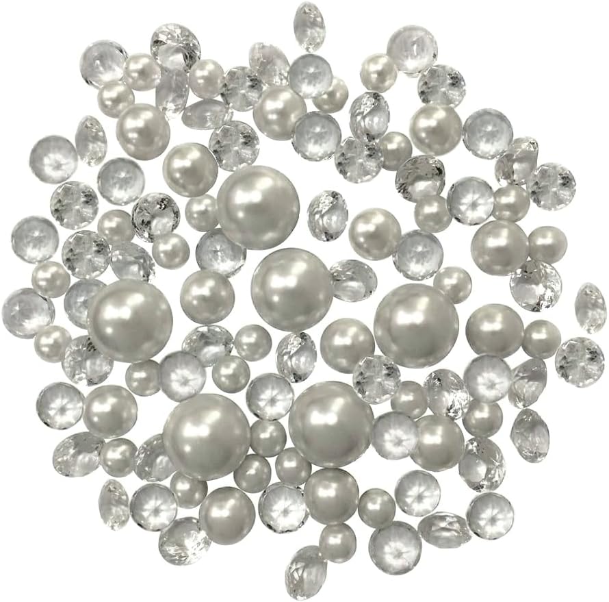 Vase Pearlfection 200 Floating White Pearls with Sparkling Gems- Large Sizes- 12 White Submersible LED Fairy Lights Strings with Hidable & Submersible Batteries- Fills 4 Gallons for Your Vases