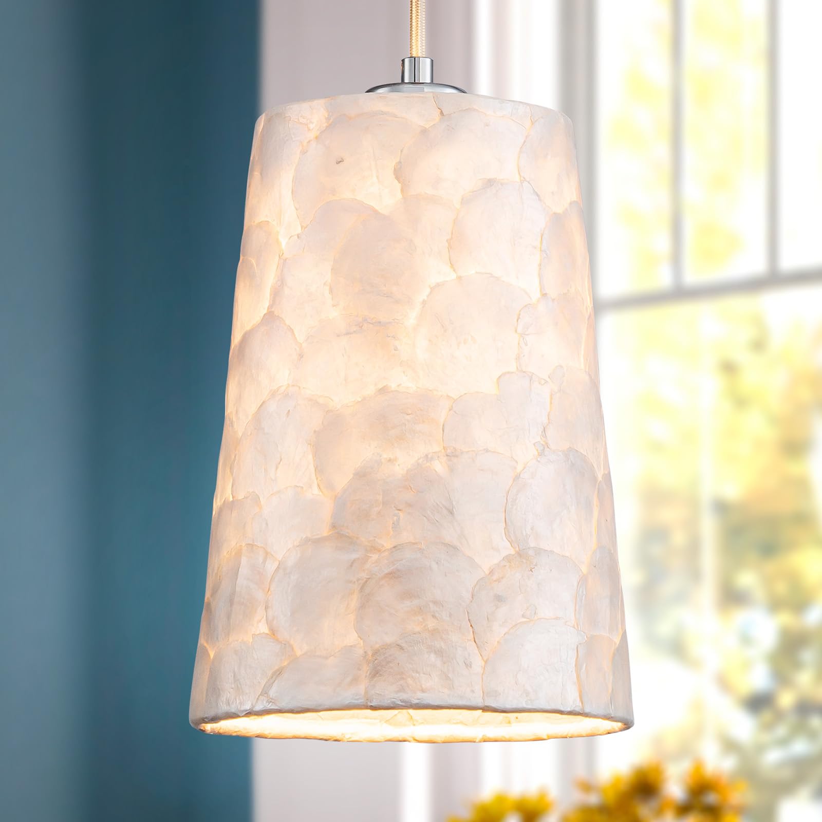 LumFurn X-Large 6-Light Drum Capiz Shell Crystal Chandeliers, Coastal Style Pendant Light Fixture for Dining Room, Living Room, D24 x H23~71 inch(Adjustable), Shell Lampshade & Chrome Finish