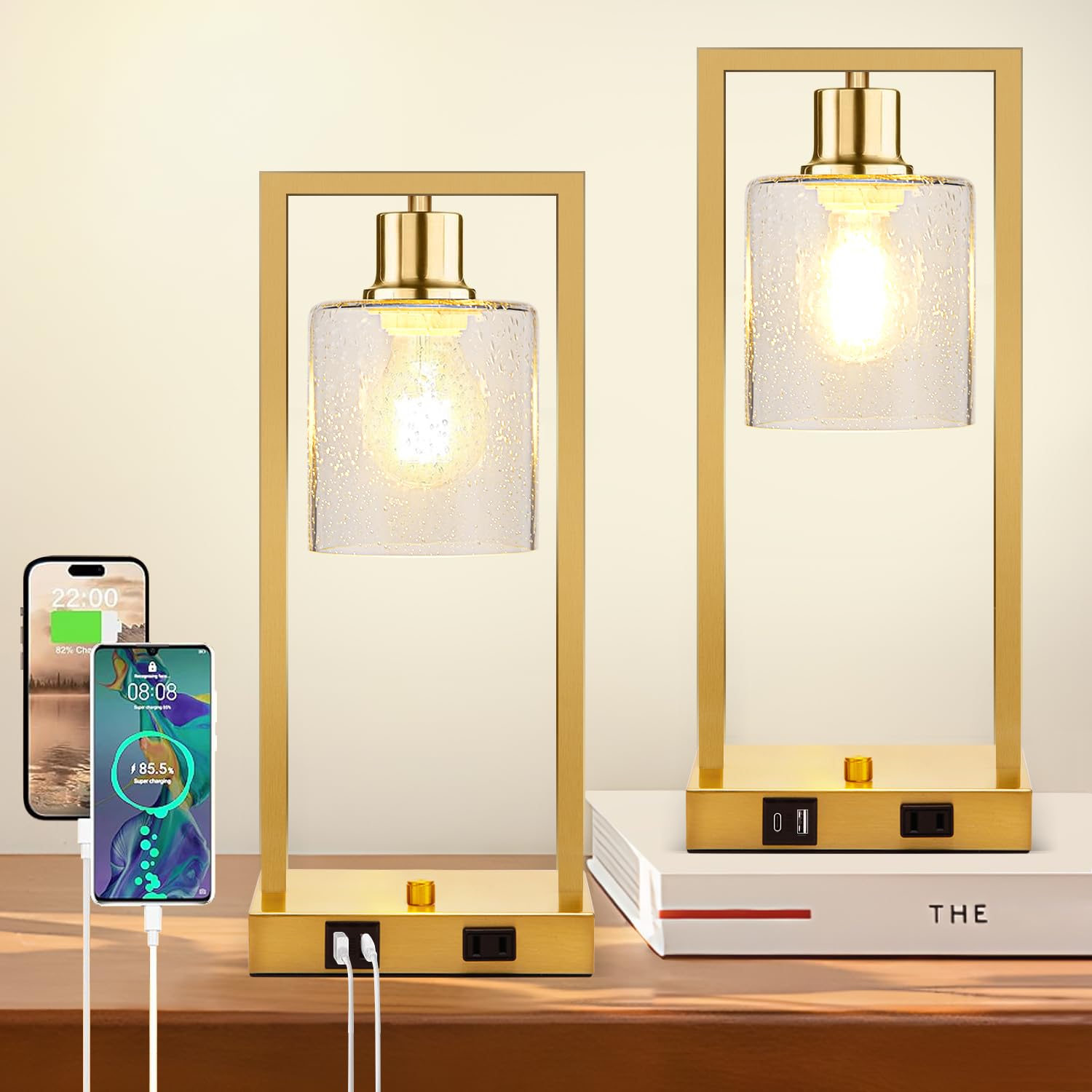 16" Desk Lamps for Home Office, Bedside Lamps with USB C+A Ports and Outlet, Black Fully Stepless Dimmable Industrial Table Lamps with Seeded Glass Shade for Reading Living Room, LED Bulbs Included