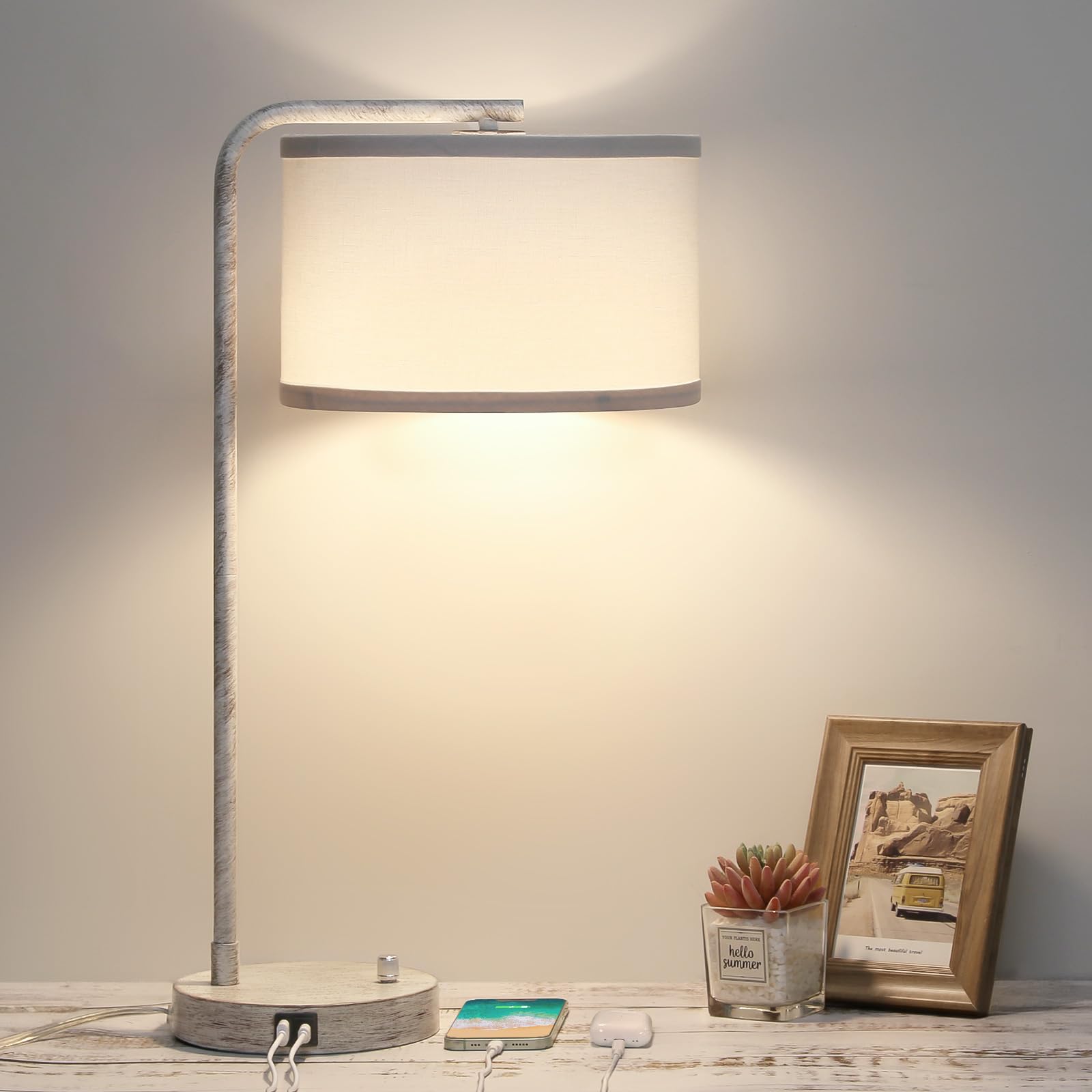 Seaside village Bedside Table Lamp with USB C+A Charging Ports, Fully Dimmable Industrial Tall Nightstand Reading Desk Lamp for Bedroom, Living Room, Office, 9W LED Bulb Included