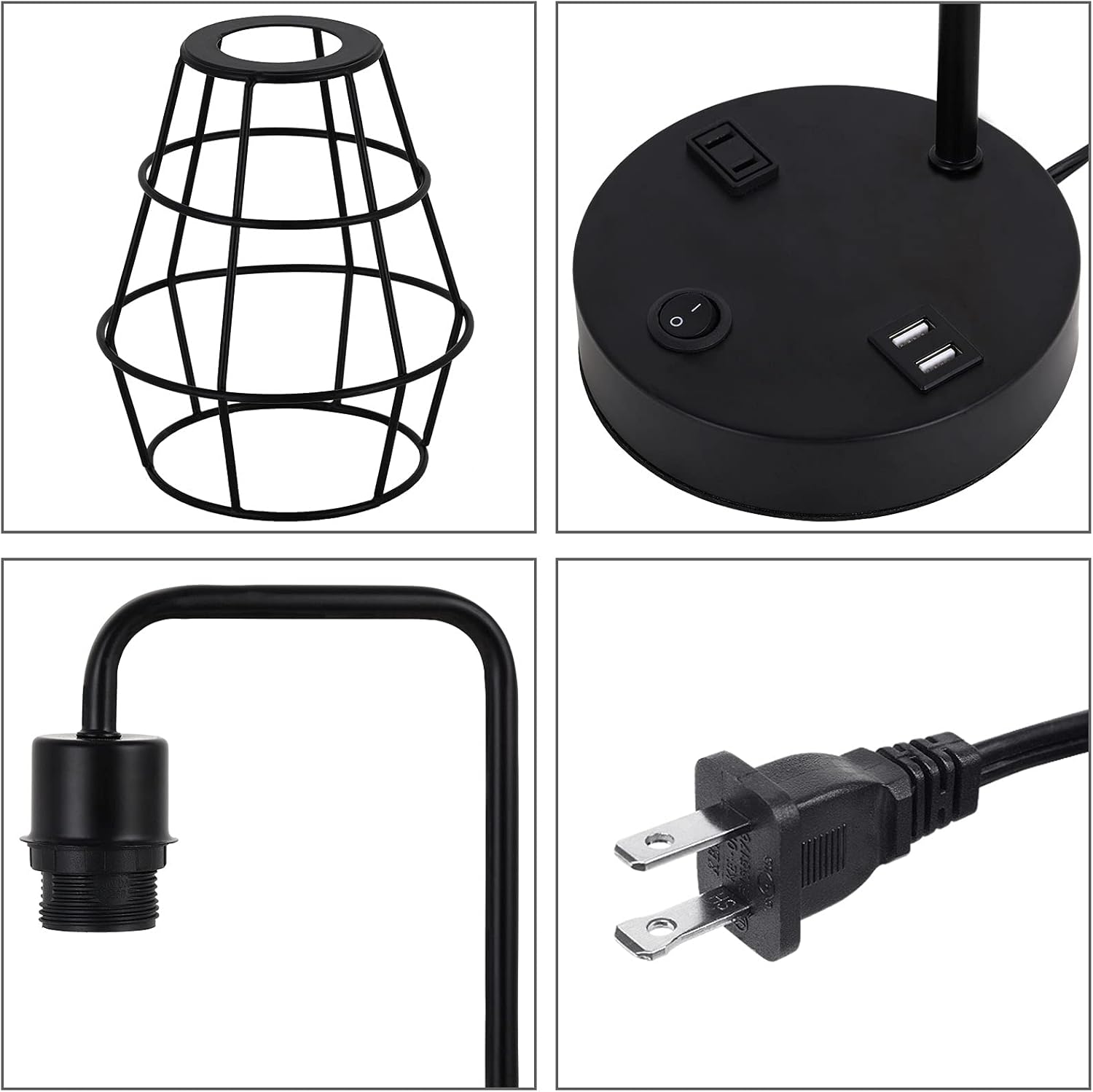 Set of 2 Industrial Cage Table Lamps with USB & AC Outlet, USB Edison Bedside Lamps