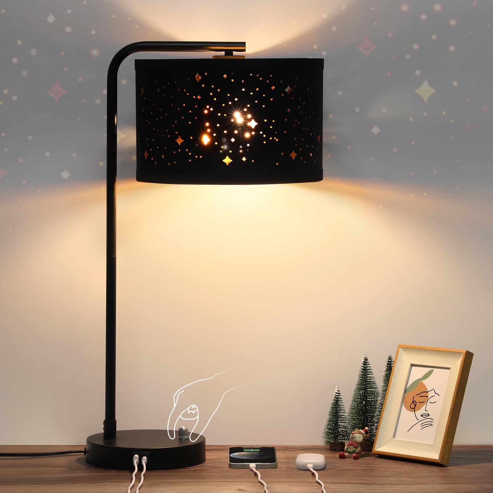 Seaside village Bedside Table Lamp with USB C+A Charging Ports, Fully Dimmable Industrial Tall Nightstand Reading Desk Lamp for Bedroom, Living Room, Office, 9W LED Bulb Included