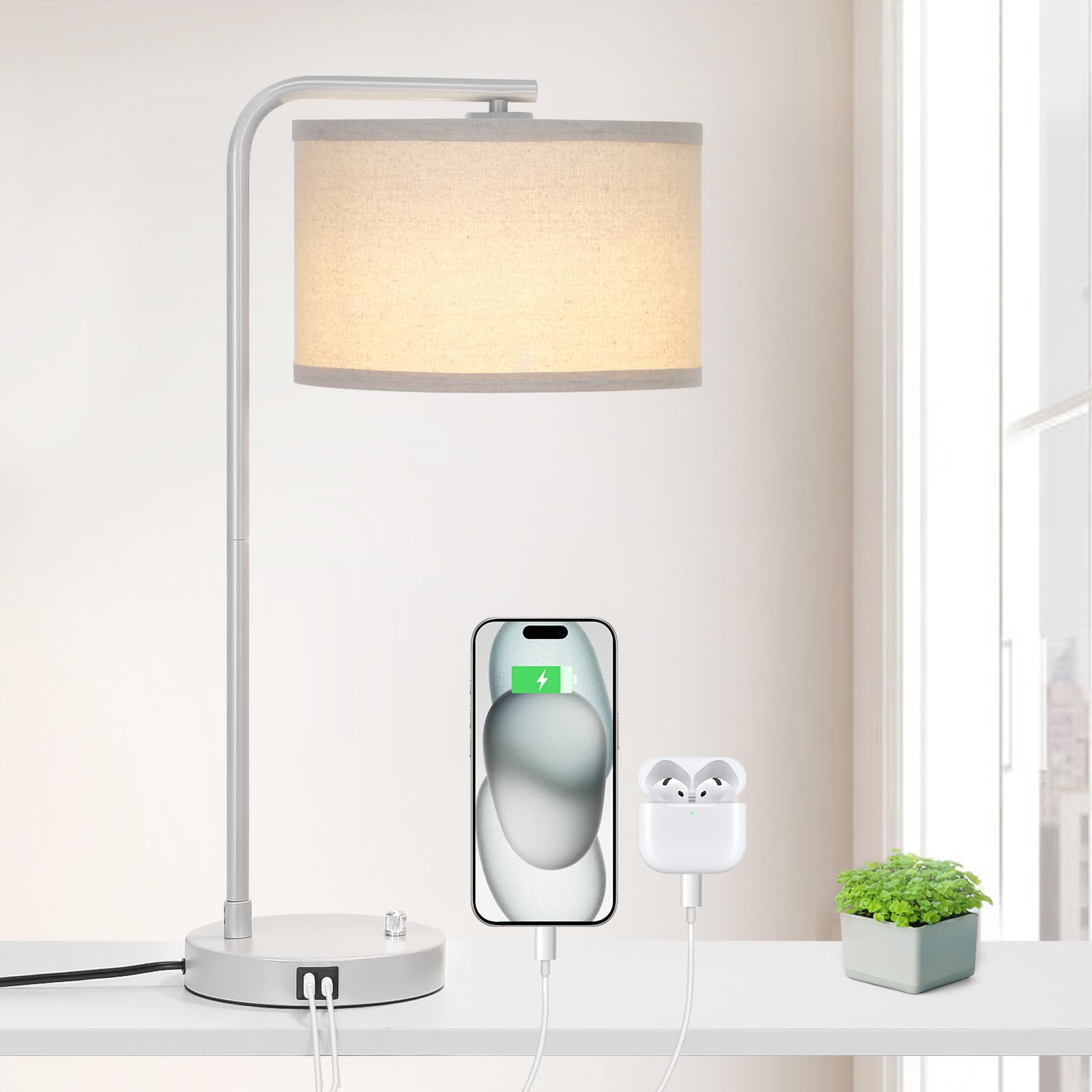 Seaside village Bedside Table Lamp with USB C+A Charging Ports, Fully Dimmable Industrial Tall Nightstand Reading Desk Lamp for Bedroom, Living Room, Office, 9W LED Bulb Included