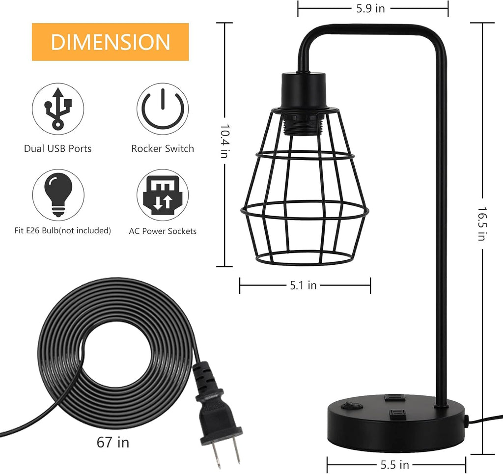 Set of 2 Industrial Cage Table Lamps with USB & AC Outlet, USB Edison Bedside Lamps