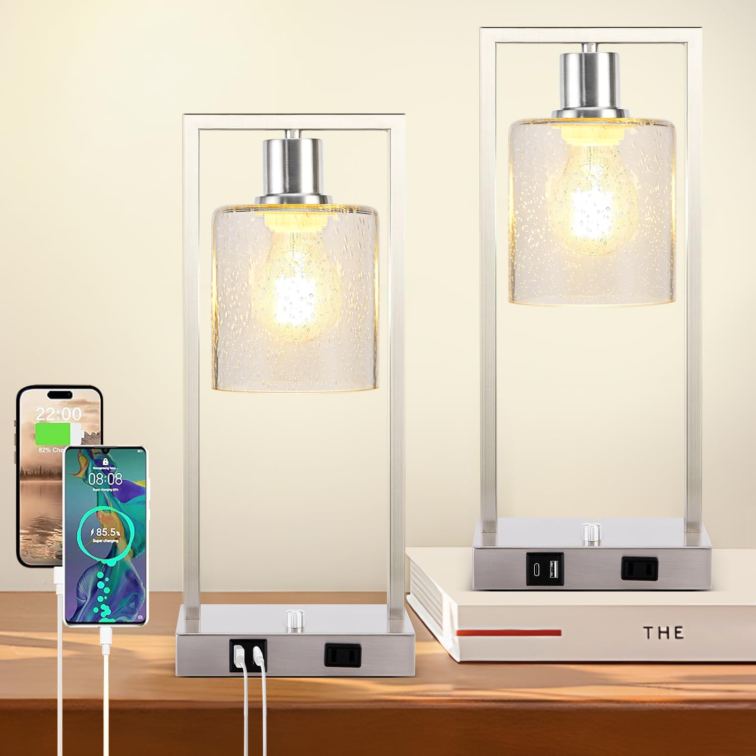 16" Desk Lamps for Home Office, Bedside Lamps with USB C+A Ports and Outlet, Black Fully Stepless Dimmable Industrial Table Lamps with Seeded Glass Shade for Reading Living Room, LED Bulbs Included