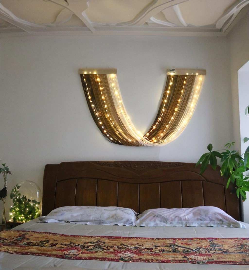 Macrame Fairy Lights Battery Operated with Remote | Large Macrame with 20ft 100 LED String Lights,Brown Gradient Warm White Light for Living Room,Bedroom,Christmas,Holiday Deco