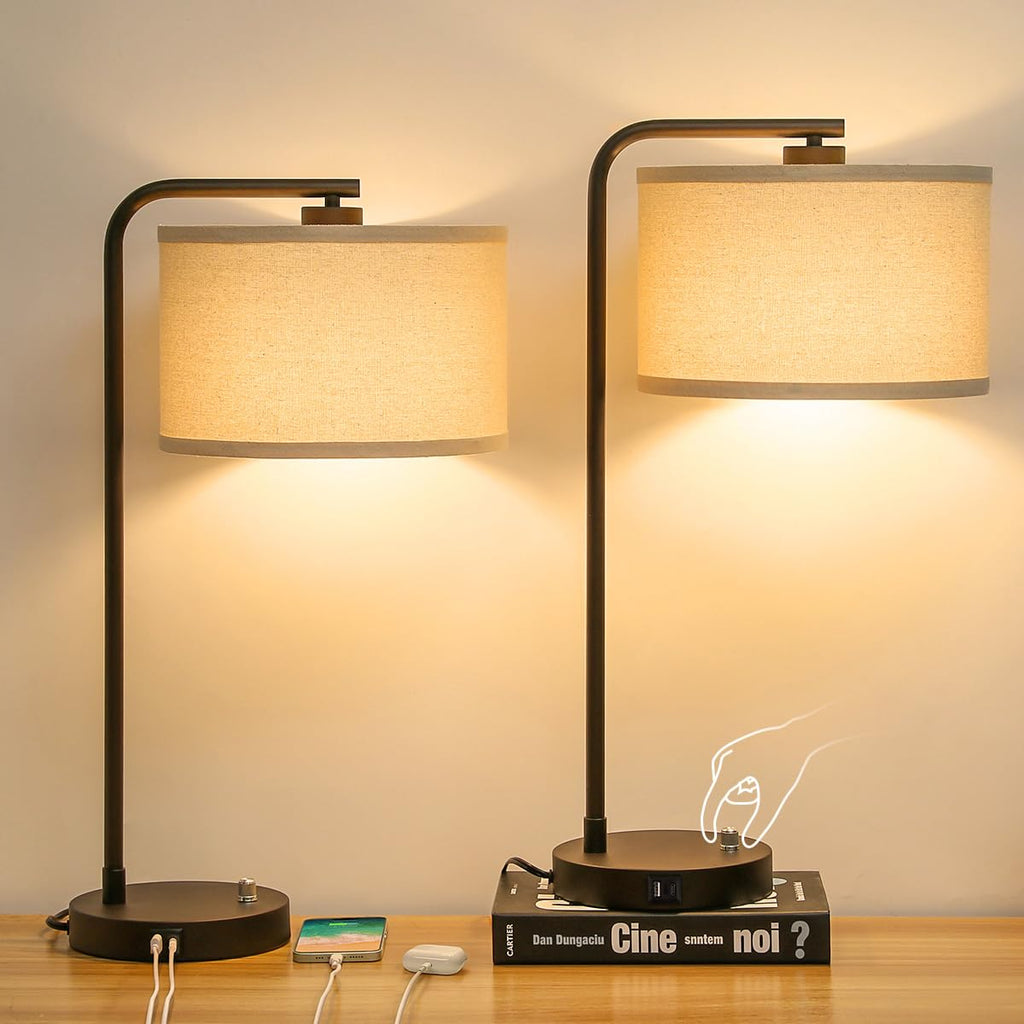 Seaside village Bedside Table Lamp with USB C+A Charging Ports, Fully Dimmable Industrial Tall Nightstand Reading Desk Lamp for Bedroom, Living Room, Office, 9W LED Bulb Included