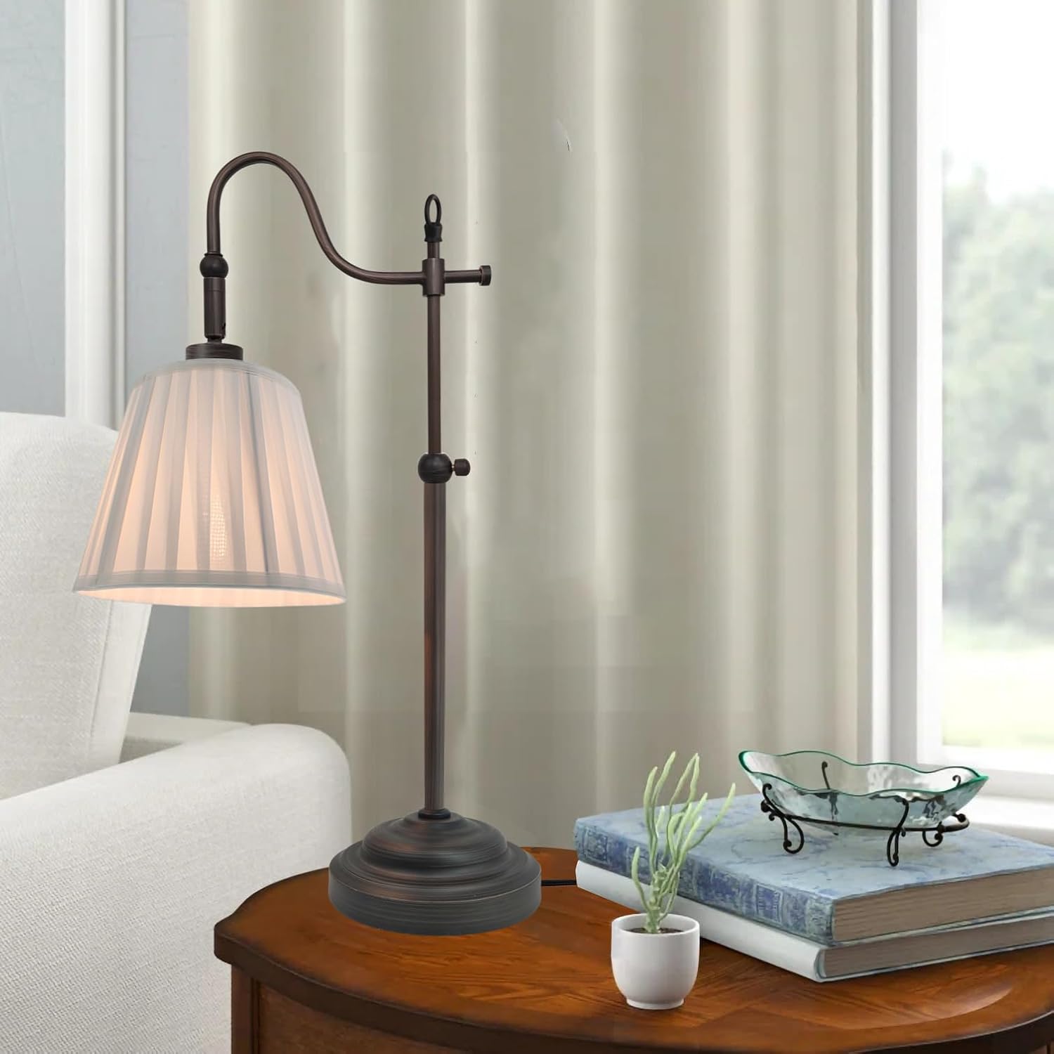 Vintage Farmhouse Swing Arm Desk Lamp, E26 Pleated Table Lamp for Bedroom Living Room