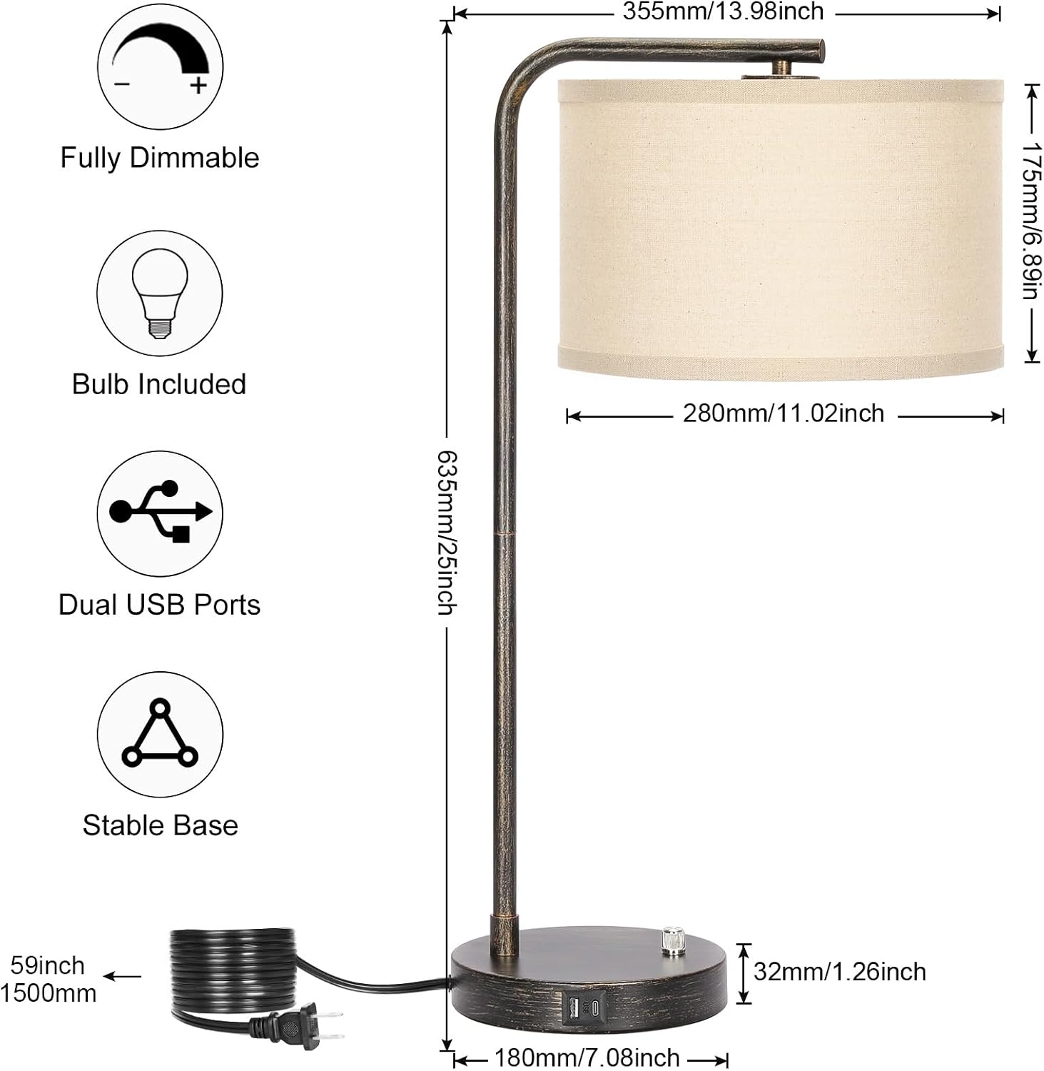 Seaside village Bedside Table Lamp with USB C+A Charging Ports, Fully Dimmable Industrial Tall Nightstand Reading Desk Lamp for Bedroom, Living Room, Office, 9W LED Bulb Included