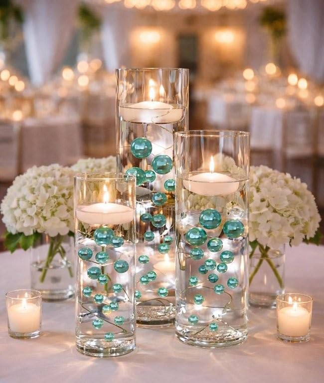 Vase Pearlfection 200 Floating White Pearls with Sparkling Gems- Large Sizes- 12 White Submersible LED Fairy Lights Strings with Hidable & Submersible Batteries- Fills 4 Gallons for Your Vases
