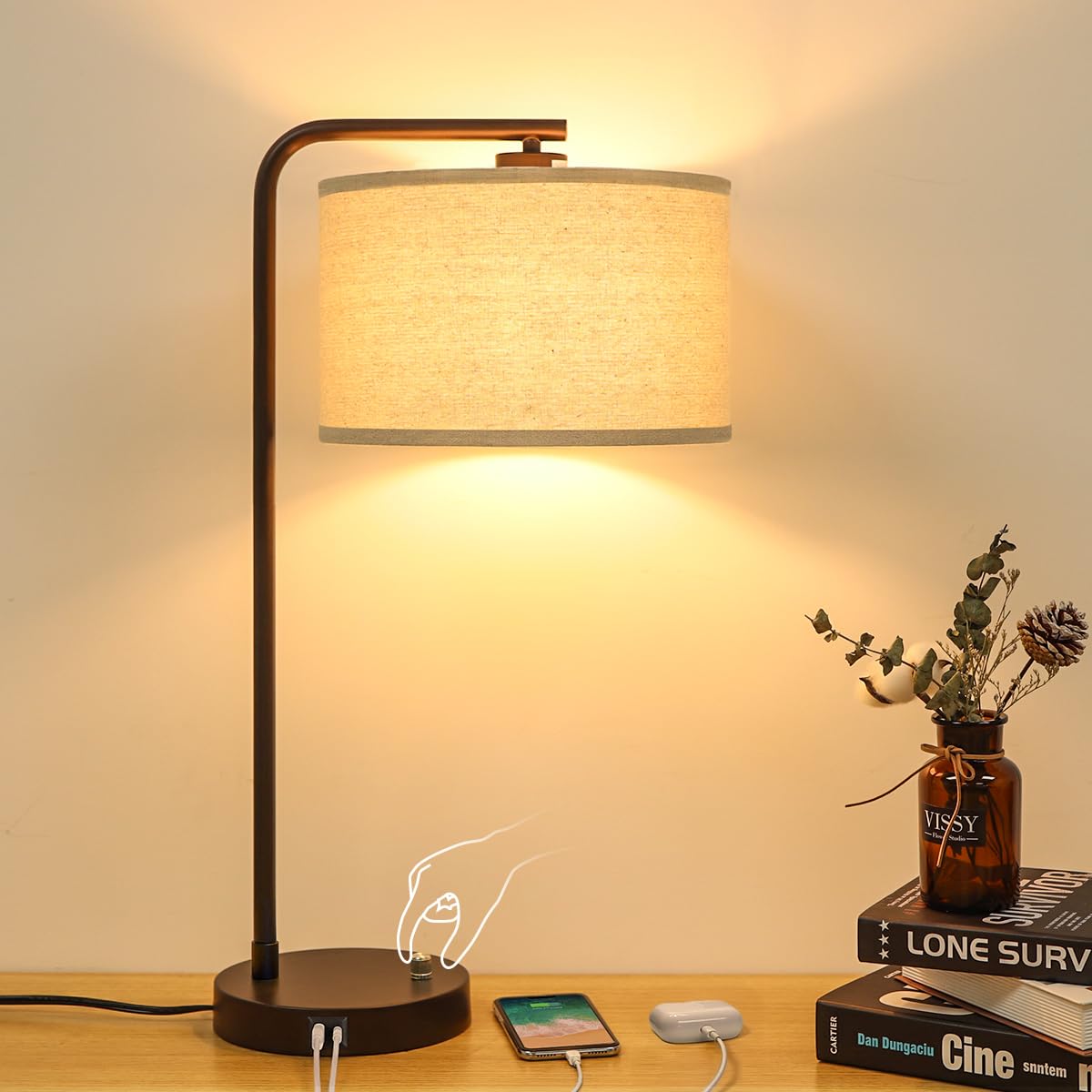 Seaside village Bedside Table Lamp with USB C+A Charging Ports, Fully Dimmable Industrial Tall Nightstand Reading Desk Lamp for Bedroom, Living Room, Office, 9W LED Bulb Included