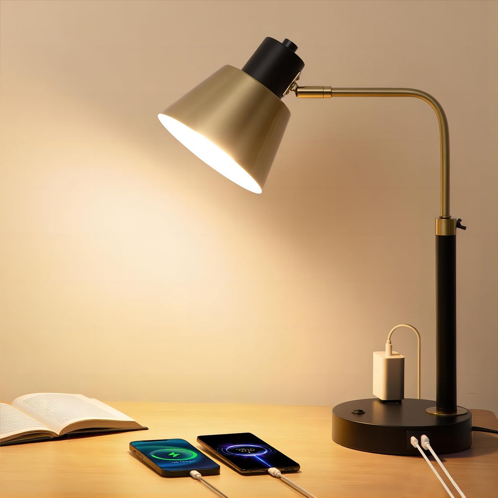Modern Desk Lamp with USB & AC Outlet, Adjustable Industrial Table Lamp, Heavy Base, 270° Swivel, E26 Socket for A15/G45/T45 Bulbs, Bedside Lamp for Bedroom, Office, Living Room (Bulb Not Included)