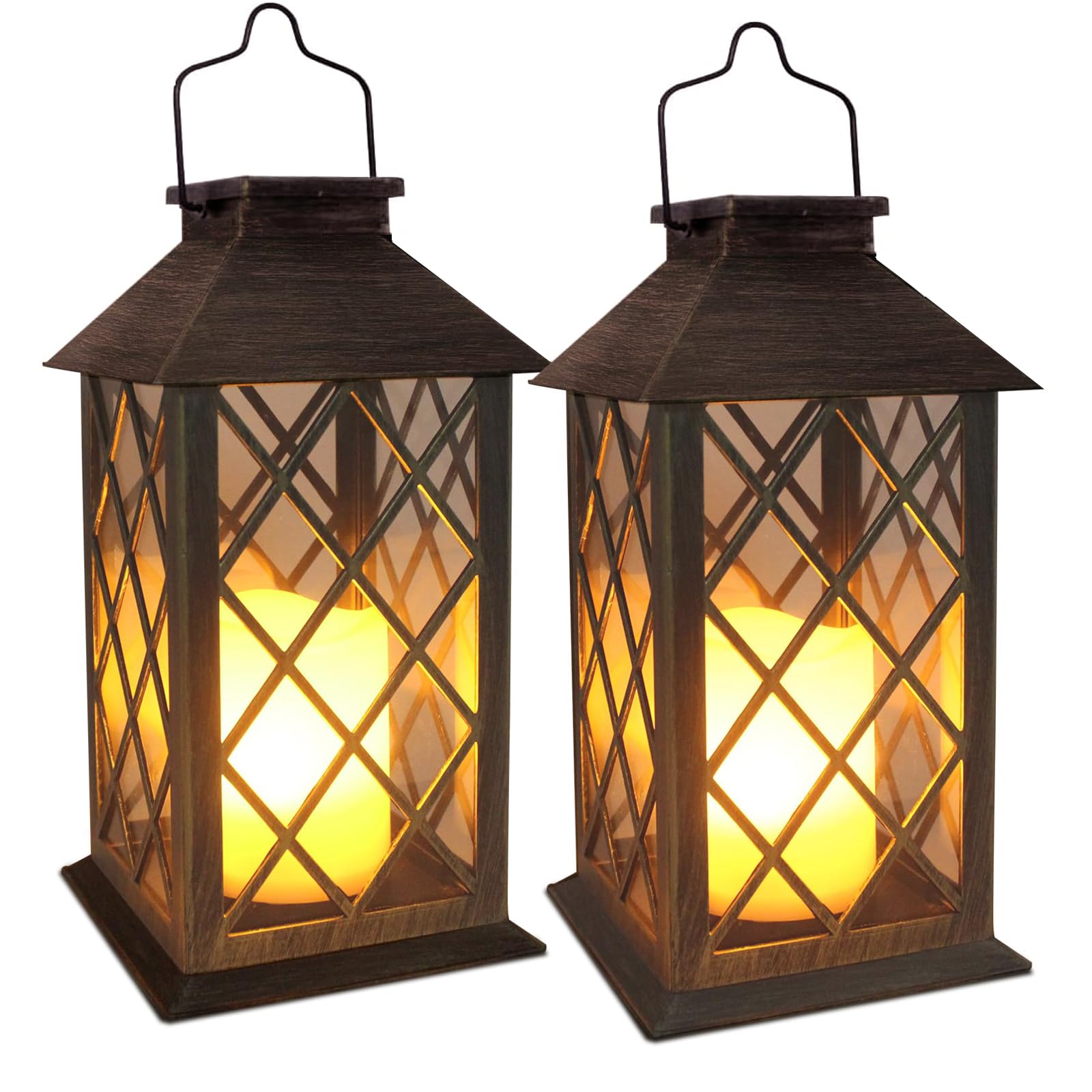 SHYMERY Solar Lantern,Outdoor Garden Hanging Lanterns,2 Pack 14 Inch Lasts 3X Longer 10 lumens Waterproof LED Flickering Flameless Candle Mission Lights for Table,Outdoor,Party Decorative
