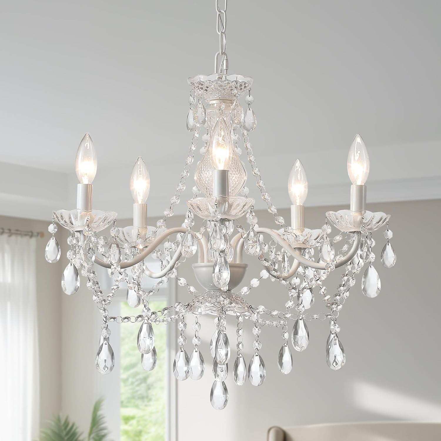 5 Light White Crystal Pendant Lamp, Ceramic Hanging Chandelier for Kitchen Wedding Decor