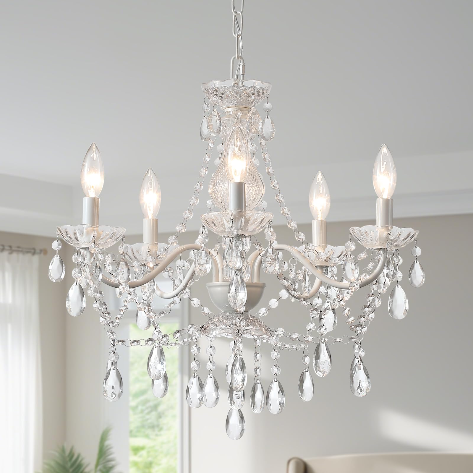 5 Light White Crystal Pendant Lamp, Ceramic Hanging Chandelier for Kitchen Wedding Decor