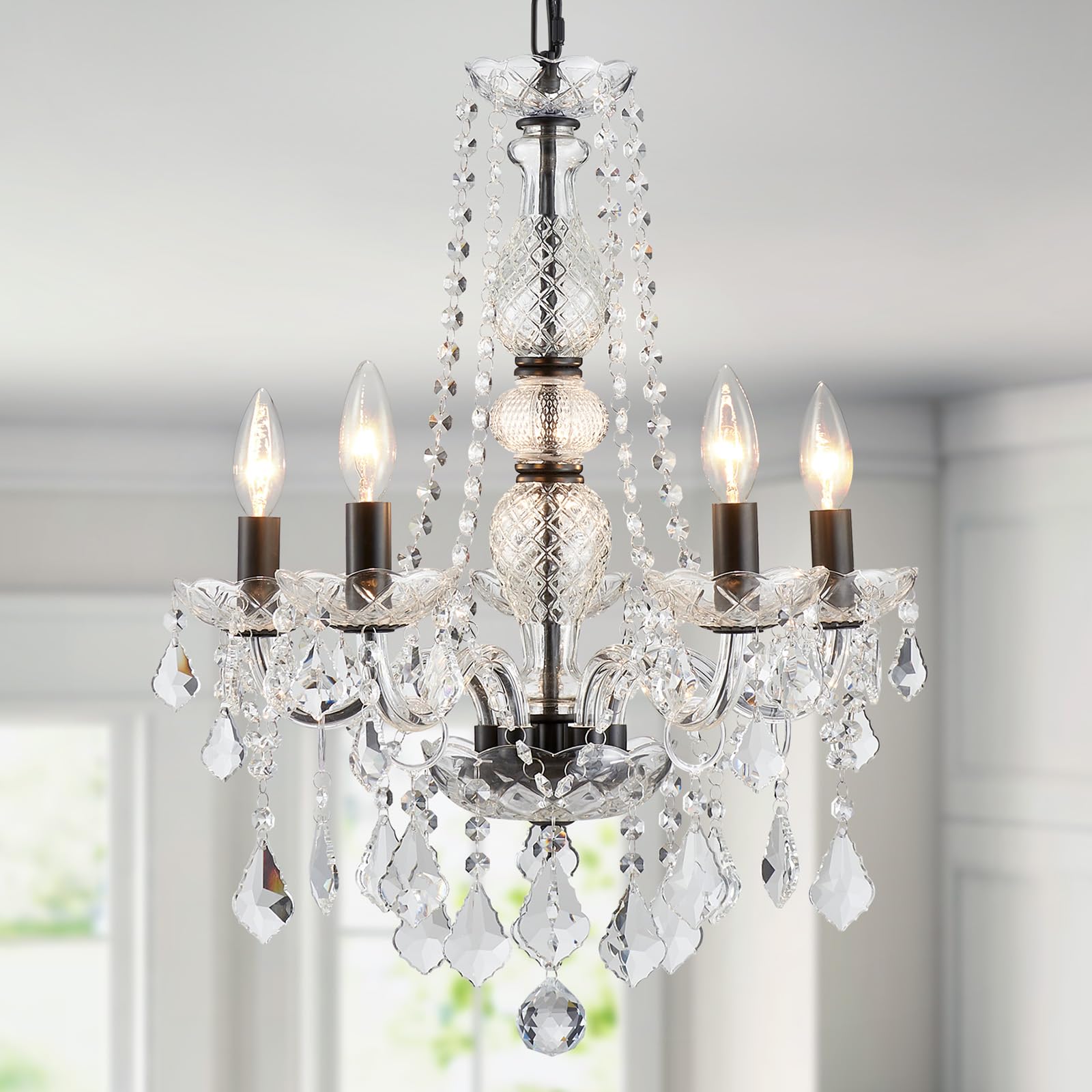 WUZUPS Crystal 5-Light Candle Chandelier Pendant Flushmount Ceiling Light Modern Lighting Fixture for Bedroom Hallway Bar Kitchen Bathroom, H 20.9" x W 21.7", Brushed Nickel, E12 Base