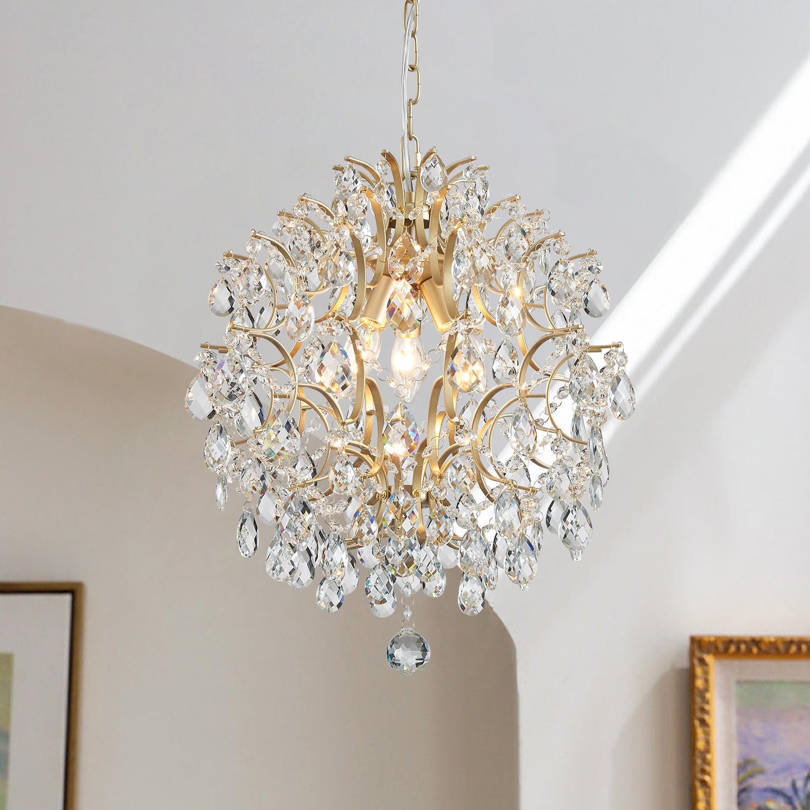 Bestier Gold Modern Pendant Chandelier Crystal Raindrop Lighting Ceiling Light Fixture Lamp for Dining Room Bathroom Bedroom Livingroom entryway 1 E26 Bulbs Required D13 in x H16 in