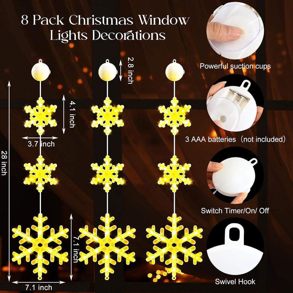 Tujoe 8 Pack Timer Christmas Window Lights Decorations Snowflake Christmas Hanging Lights with Suction Cup, 2 Modes Battery Operated for Xmas Holiday New Year Outdoor Indoor Decor (Warm White)