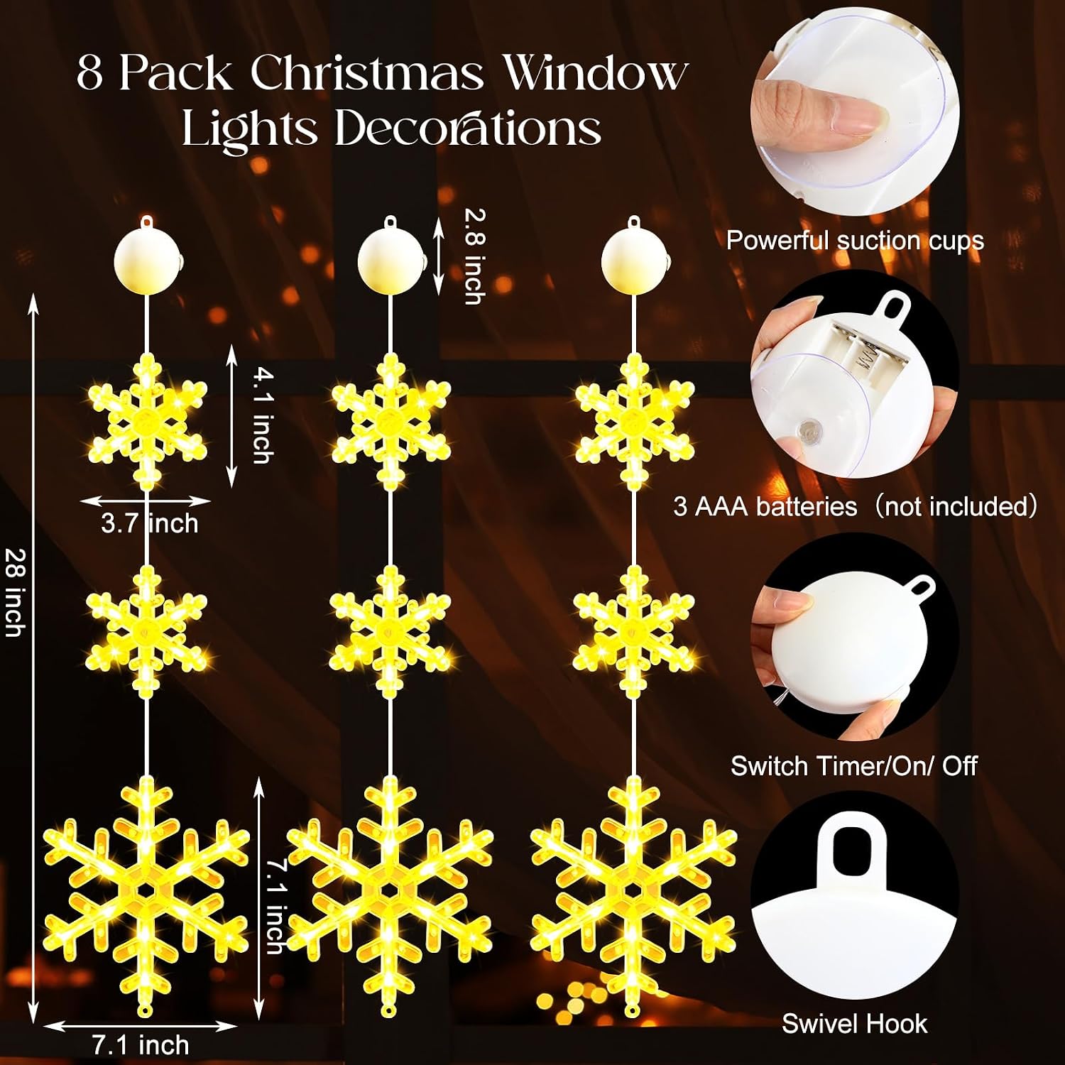 Tujoe 8 Pack Timer Christmas Window Lights Decorations Snowflake Christmas Hanging Lights with Suction Cup, 2 Modes Battery Operated for Xmas Holiday New Year Outdoor Indoor Decor (Warm White)