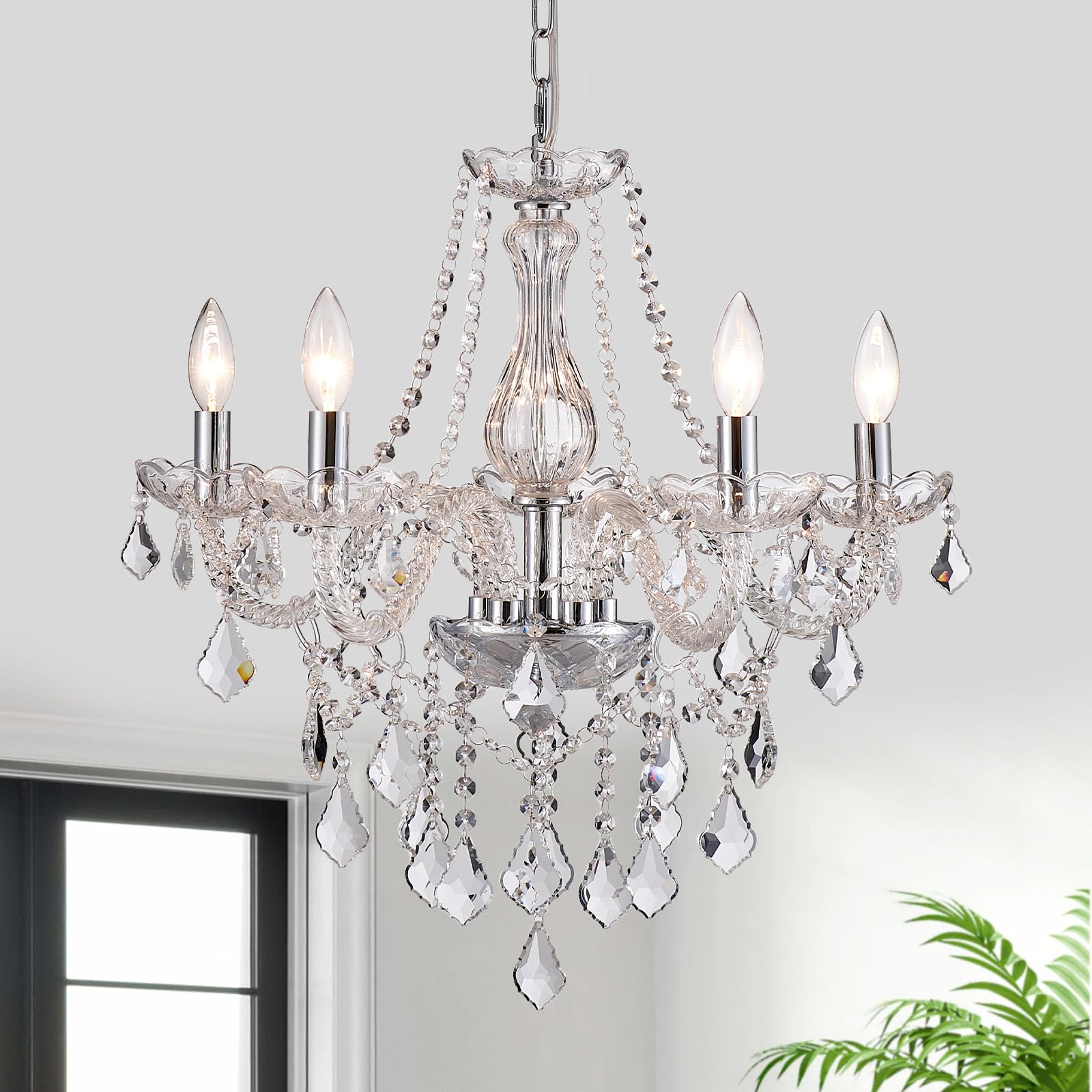 5-Light Modern Candle Crystal Glass Chandelier Pendant Ceiling Lighting Fixture for Dining Room Kitchen Hallway Living Room Bedroom Bar Closet, 23" Chrome Contemporary Elegant Lamp