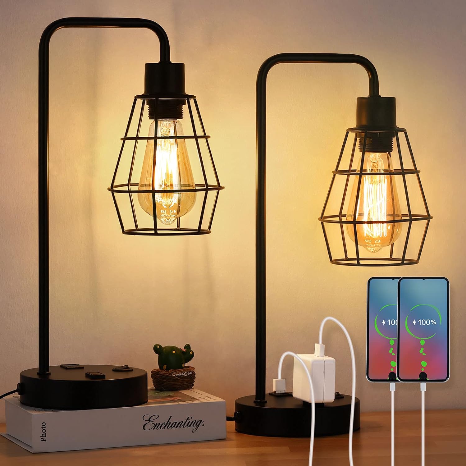 Set of 2 Industrial Cage Table Lamps with USB & AC Outlet, USB Edison Bedside Lamps