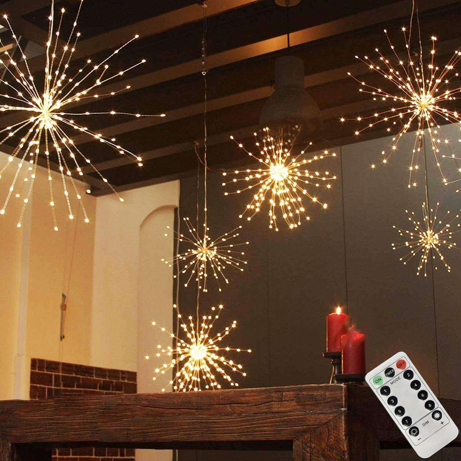 PXBNIUYA 4 Pack Starburst Sphere Lights,200 LED Firework Lights, 8 Modes Dimmable Remote Control Waterproof Hanging Fairy Light, Copper Wire Light for Patio Parties Christmas (Battery Operated)