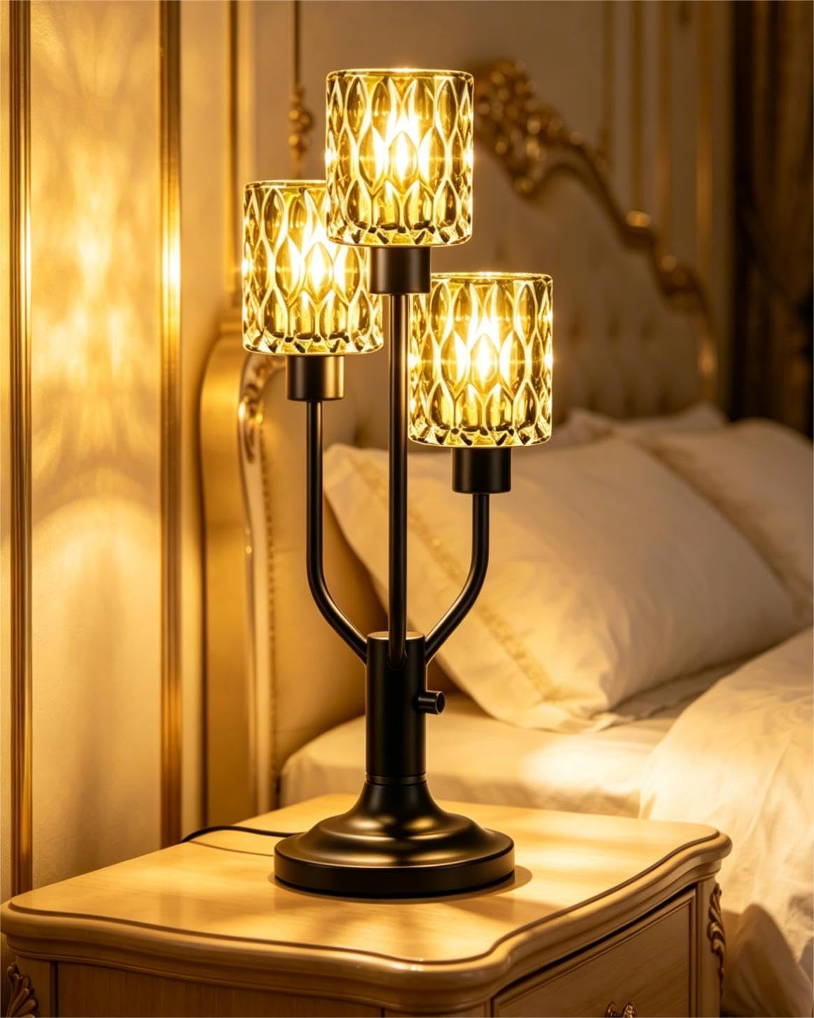 Mid Century Modern Table Lamp for Living Room Dimmable Nightstand Lamp Vintage Black Desk Lamp with Brown Glass 3 Bulbs Included Warmwhite Ambient Bedside Lamps for Bedroom Office Home Decor