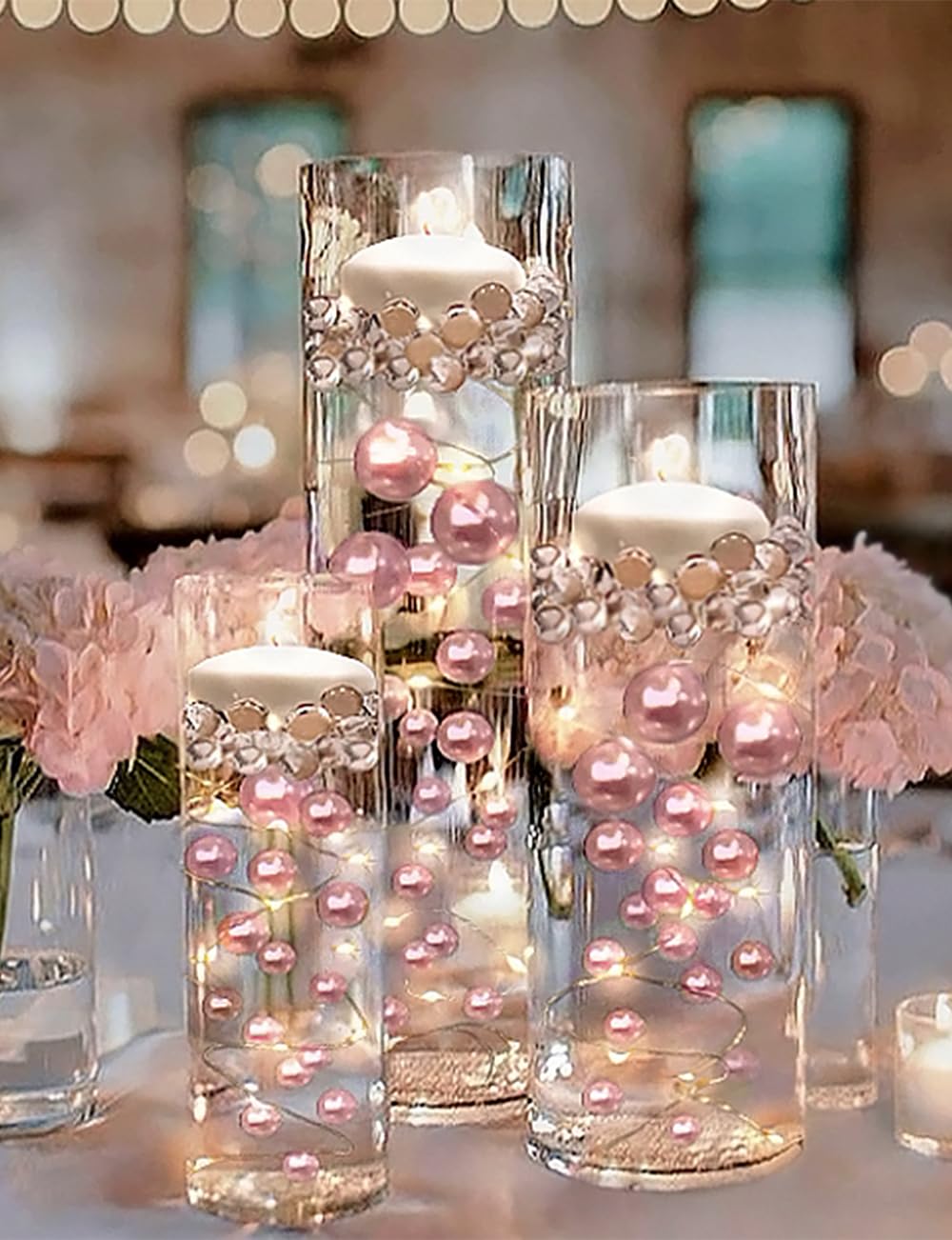 Vase Pearlfection 200 Floating White Pearls with Sparkling Gems- Large Sizes- 12 White Submersible LED Fairy Lights Strings with Hidable & Submersible Batteries- Fills 4 Gallons for Your Vases