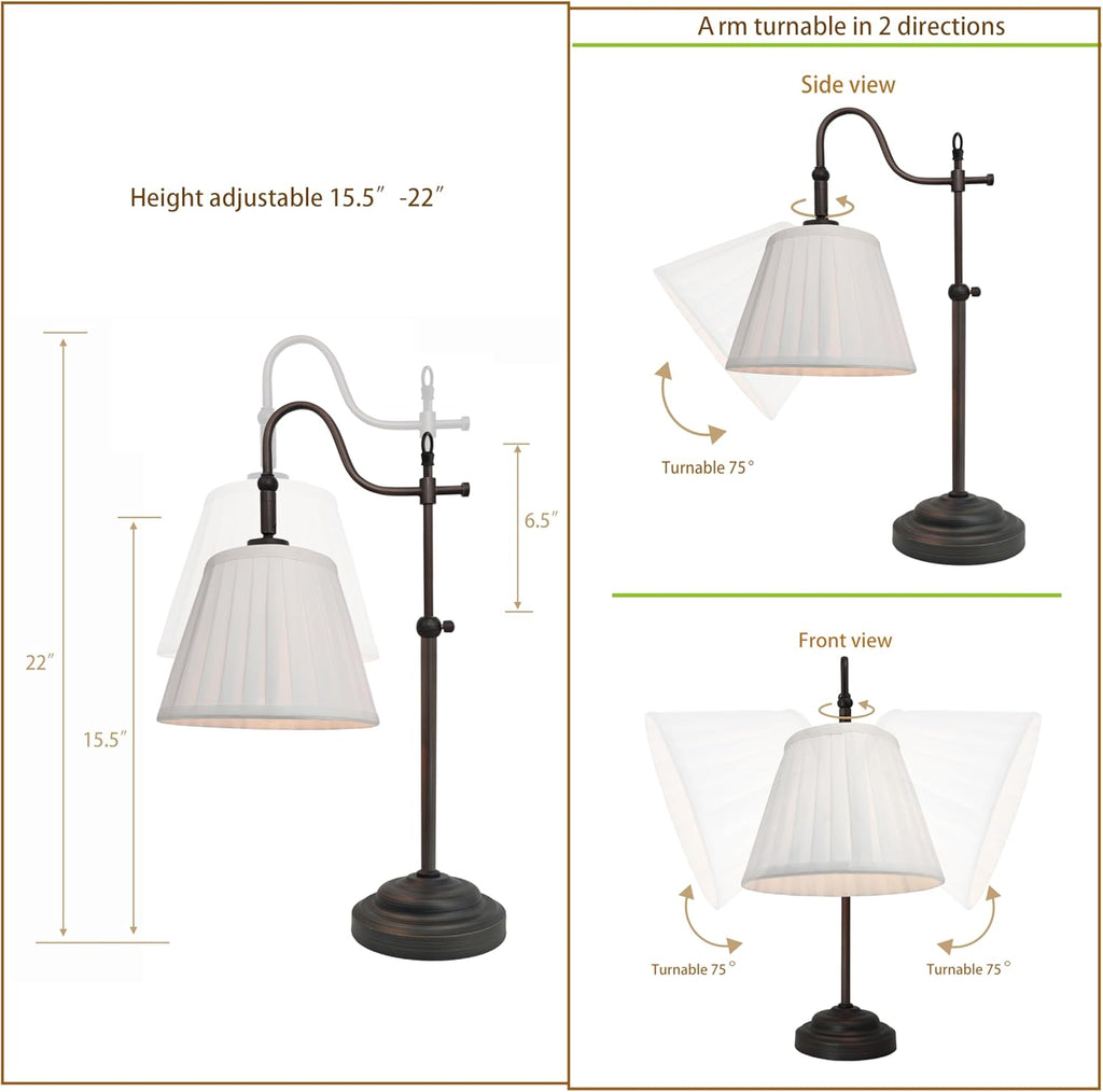 Vintage Farmhouse Swing Arm Desk Lamp, E26 Pleated Table Lamp for Bedroom Living Room