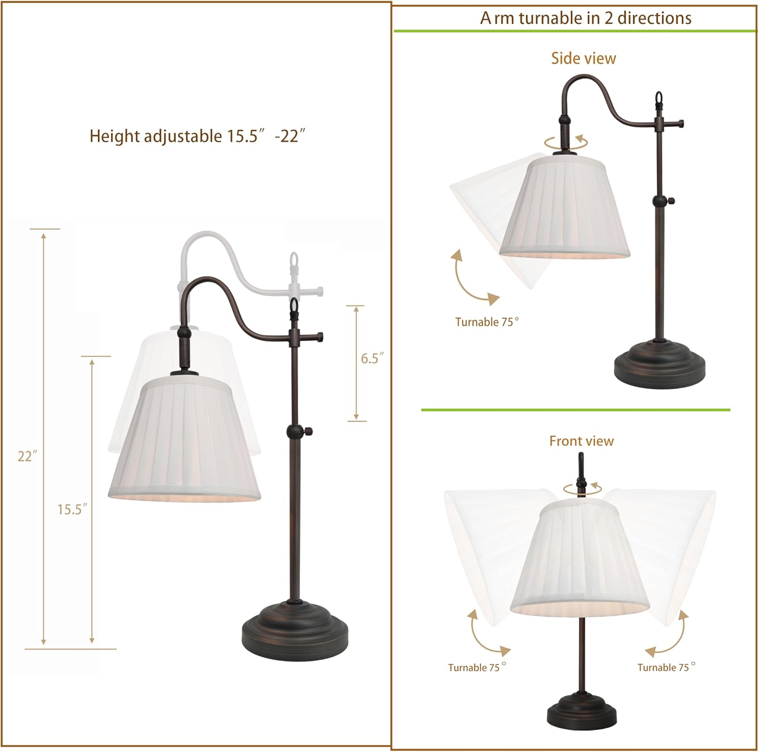 Vintage Farmhouse Swing Arm Desk Lamp, E26 Pleated Table Lamp for Bedroom Living Room
