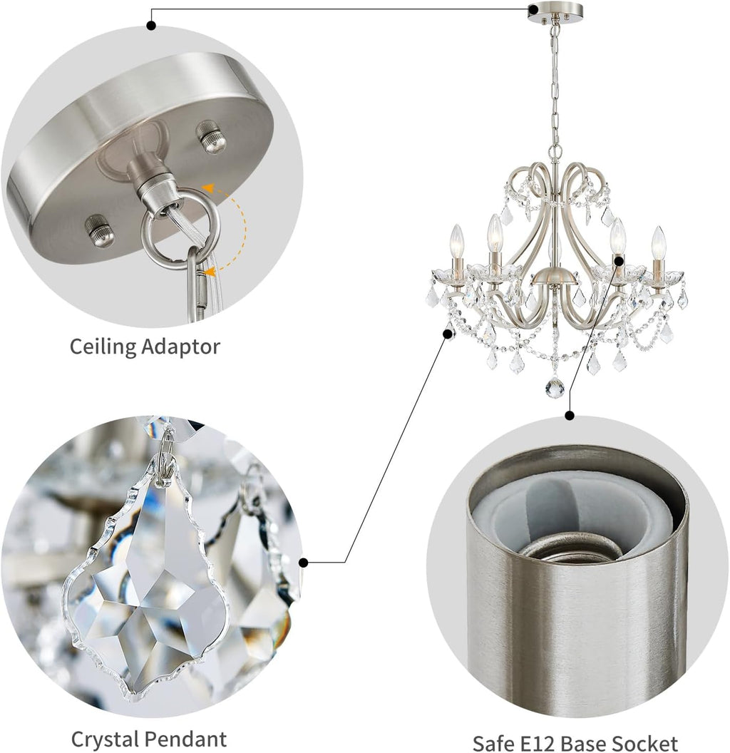 WUZUPS Crystal 5-Light Candle Chandelier Pendant Flushmount Ceiling Light Modern Lighting Fixture for Bedroom Hallway Bar Kitchen Bathroom, H 20.9" x W 21.7", Brushed Nickel, E12 Base