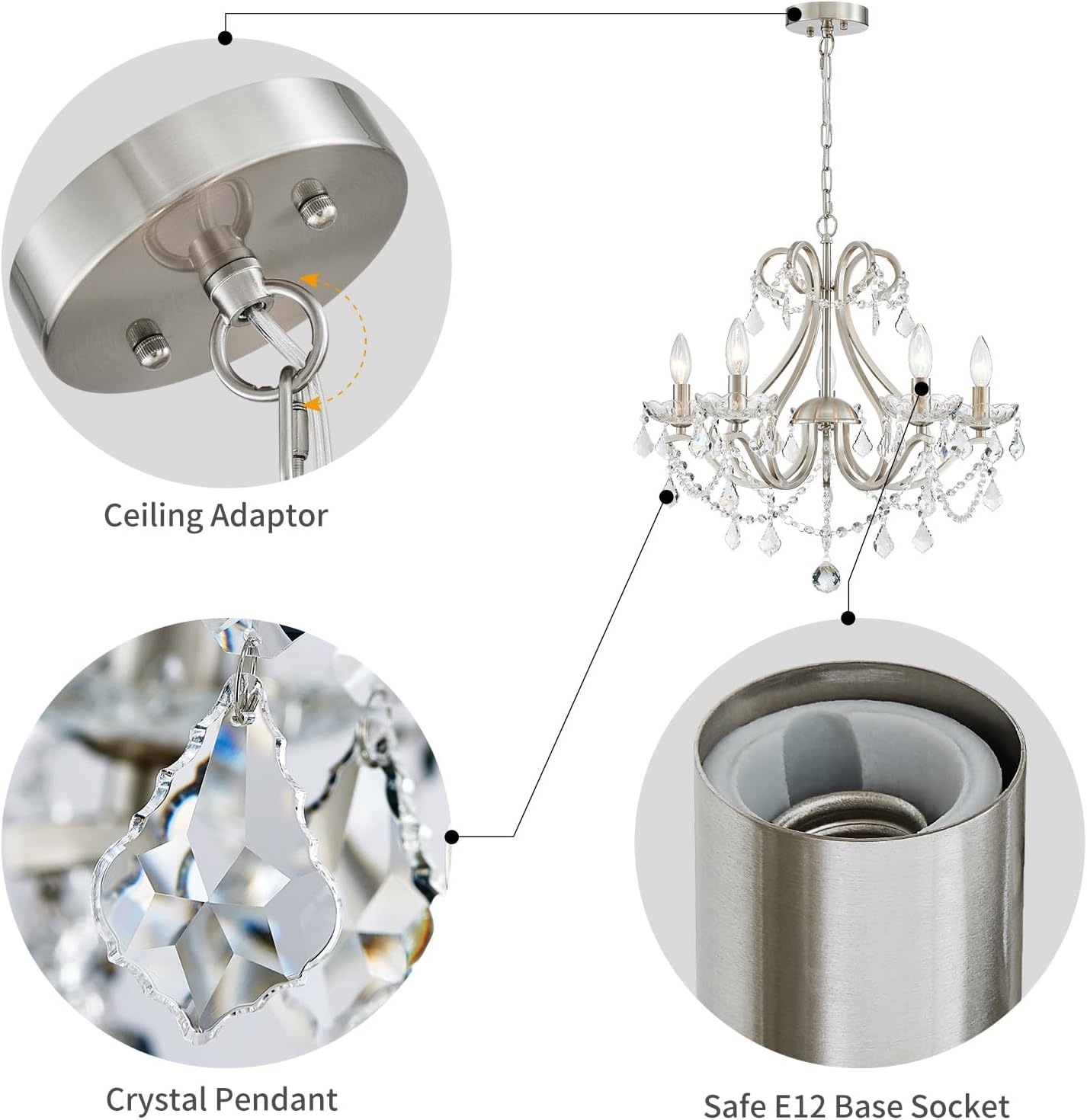 WUZUPS Crystal 5-Light Candle Chandelier Pendant Flushmount Ceiling Light Modern Lighting Fixture for Bedroom Hallway Bar Kitchen Bathroom, H 20.9" x W 21.7", Brushed Nickel, E12 Base