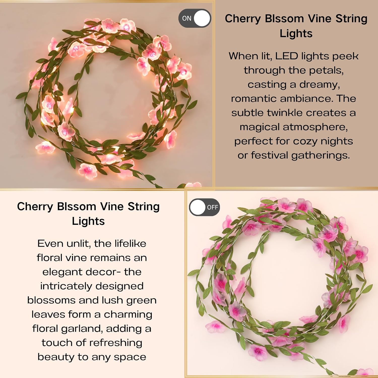 4Pack Cherry Blossom Vine Lights 13ft 40 LED Flower String Lights USB Plugin & Battery Operated Fairy Lights with Timer 8 Modes Remote Decorative Light for Bedroom Wedding Birthday Party Gift