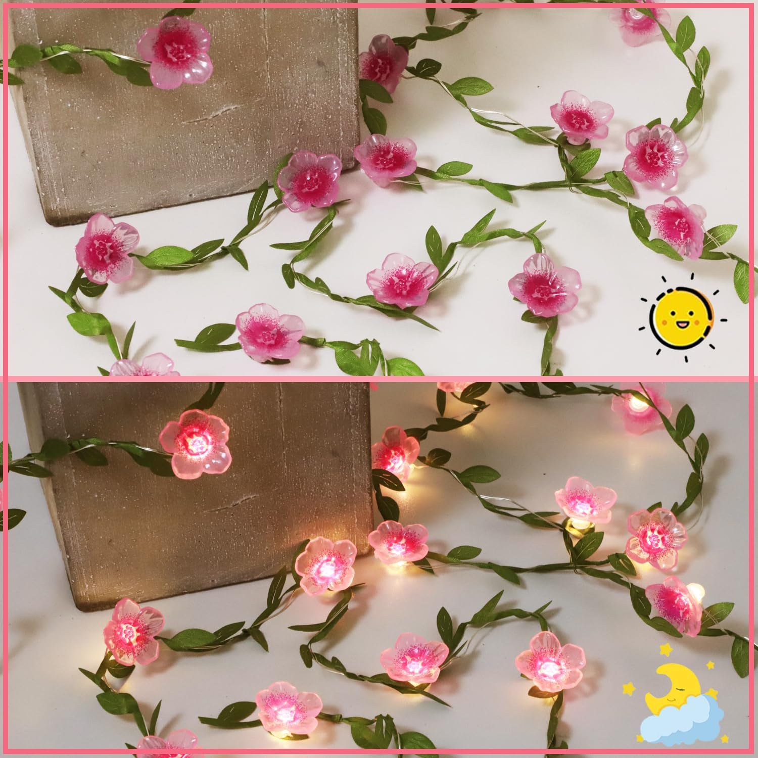 Cherry Blossom Decor Flower String Lights Vines with Fairy Lights Christmas, 30 LED Copper with Remote Control Battery Operated Pink Flower Garland Leaf for Locker, Wall,Christmas Decorations-4 Pack