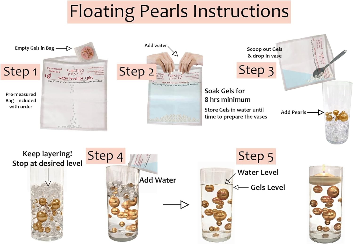 Vase Pearlfection 200 Floating White Pearls with Sparkling Gems- Large Sizes- 12 White Submersible LED Fairy Lights Strings with Hidable & Submersible Batteries- Fills 4 Gallons for Your Vases