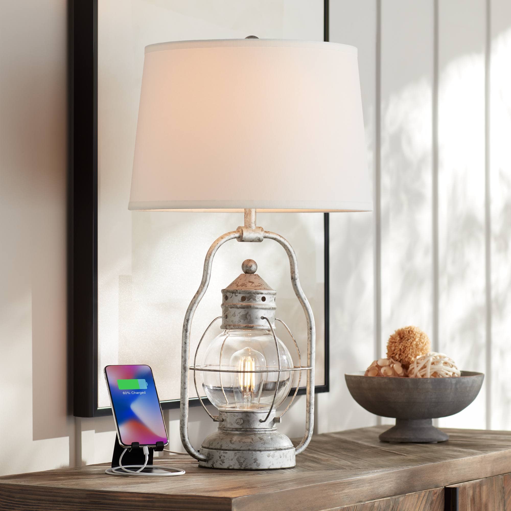 Franklin Iron Works Murphy Industrial Rustic Accent Table Lamp Miner Lantern 23" High Weathered Bronze Metal Clear Glass Oatmeal Fabric Drum Shade Decor for Living Room Bedroom House Bedside