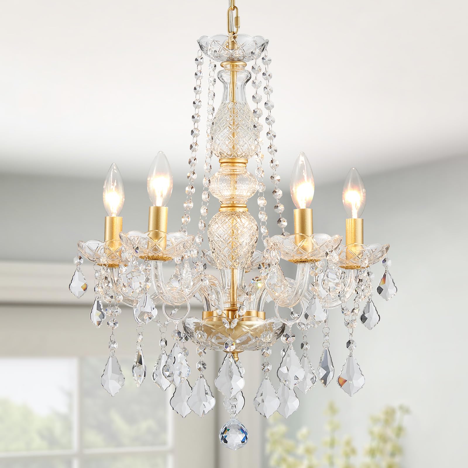 WUZUPS Crystal 5-Light Candle Chandelier Pendant Flushmount Ceiling Light Modern Lighting Fixture for Bedroom Hallway Bar Kitchen Bathroom, H 20.9" x W 21.7", Brushed Nickel, E12 Base